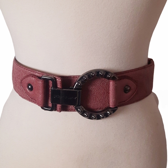 BETSEY JOHNSON Wide Shimmer Belt 2pc Latch Logo Buckle Closure O/S Dusty Rose - Picture 3 of 8